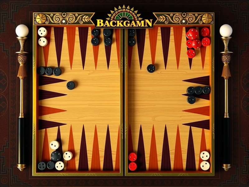 A close-up of a backgammon doubling cube showing 64, on a wooden board