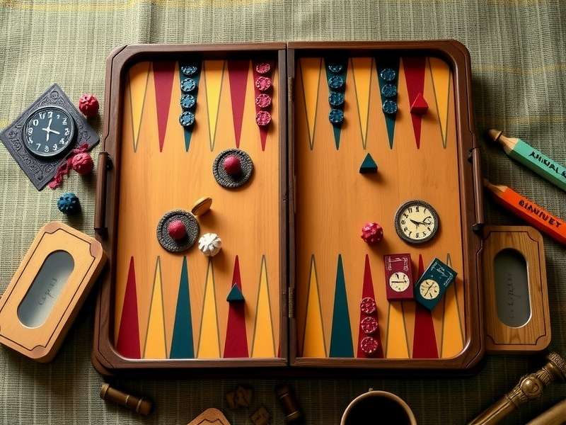 Traditional wooden backgammon board with pieces in an Indian setting