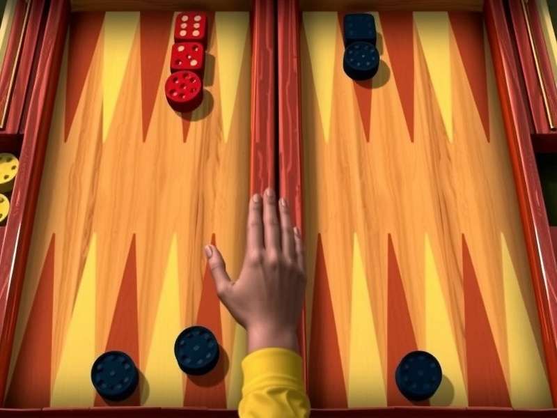 Vintage backgammon board setup with wooden pieces and dice