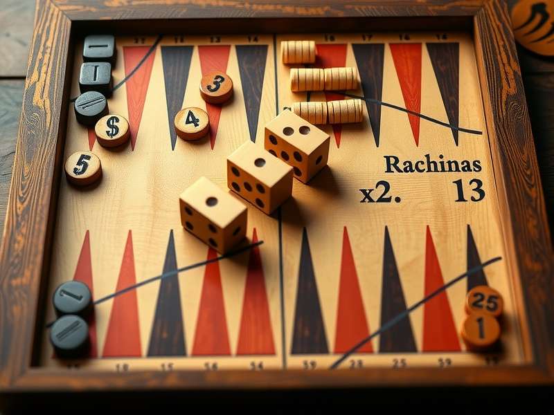 Traditional backgammon game board setup with checkers and dice