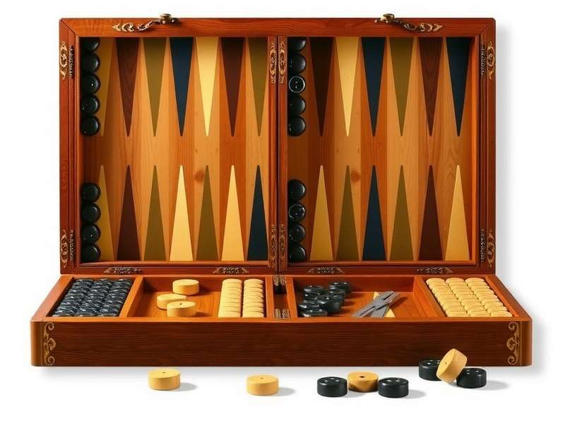 A beautiful backgammon board setup with dice and pieces, representing 24/7 play
