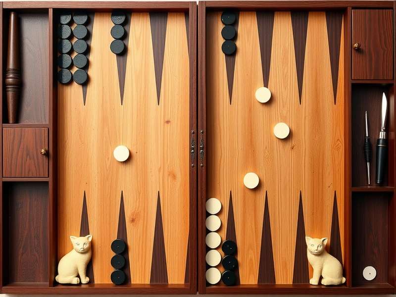 Complete backgammon board setup diagram showing checker positions, board orientation, and doubling cube placement