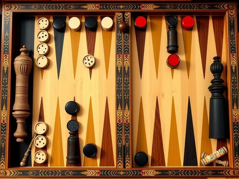 Luxury wooden backgammon board with leather cup and pieces