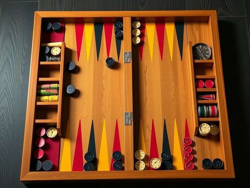 Professional backgammon board setup with pieces and doubling cube