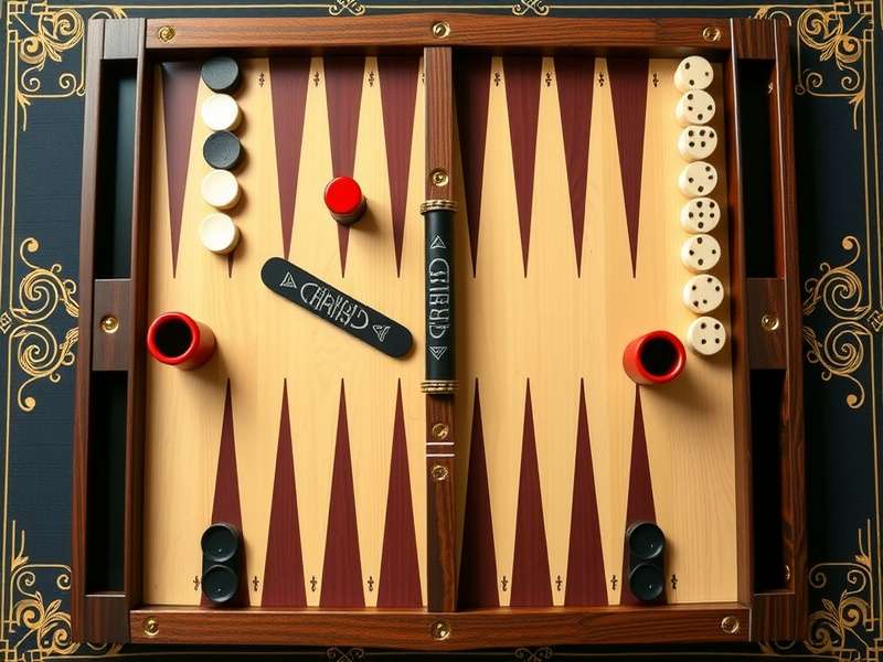 High-resolution professional photo of a correctly set up backgammon board with wooden pieces and doubling cube