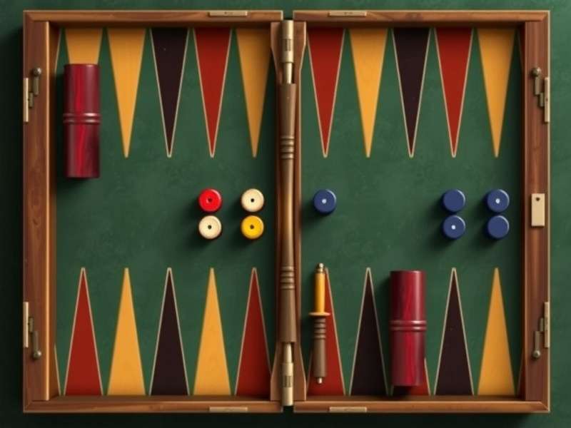 A beautiful wooden Backgammon board set up for play, dice and checkers ready