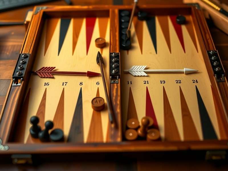 Detailed diagram of a backgammon board setup showing the 24 arrows (points) with checkers in the classic starting position.