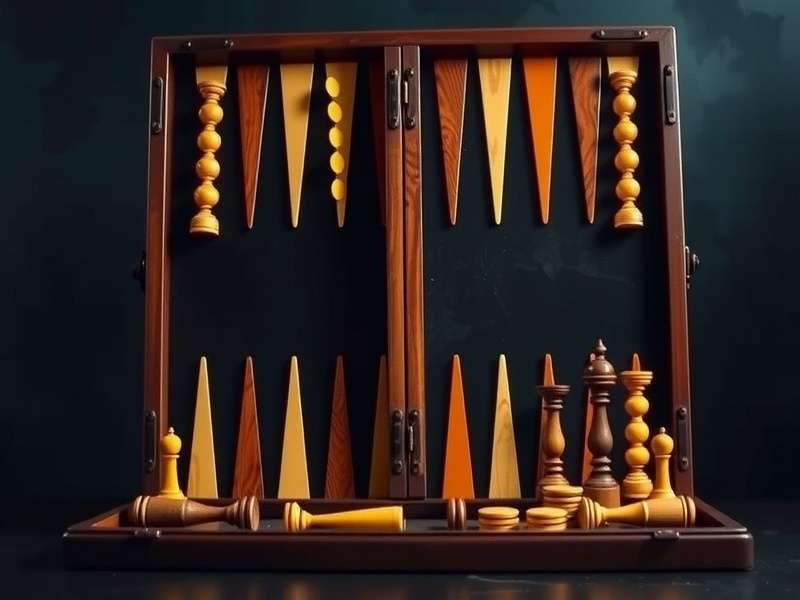 Professional backgammon board setup with pieces and doubling cube