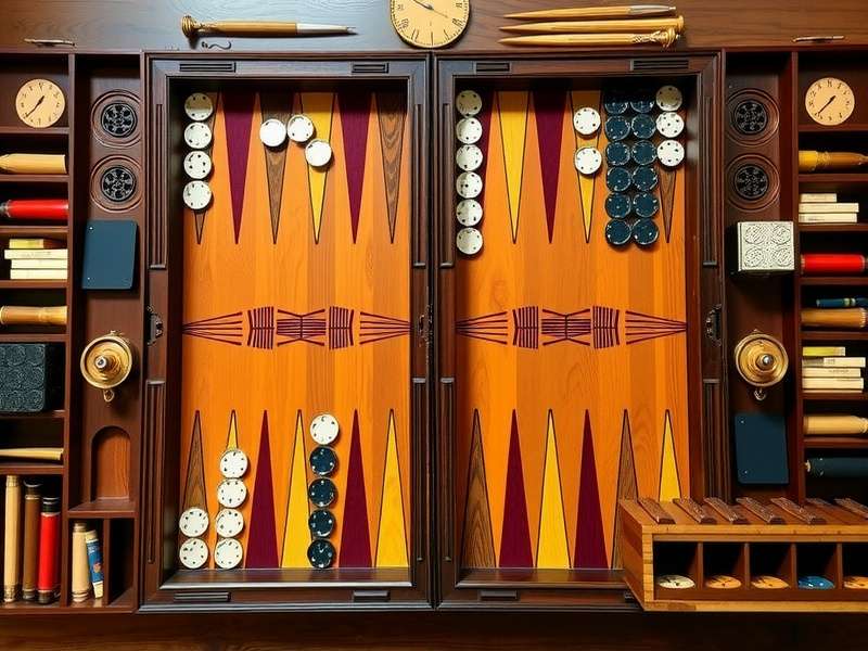 Professional backgammon board setup with pieces and doubling cube