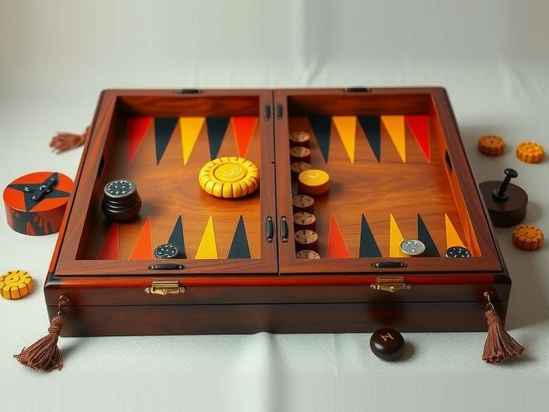 Official backgammon board setup with numbered points and checkers