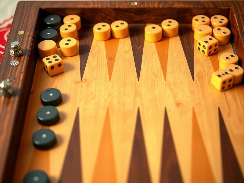 Professional backgammon board setup with checkers and doubling cube