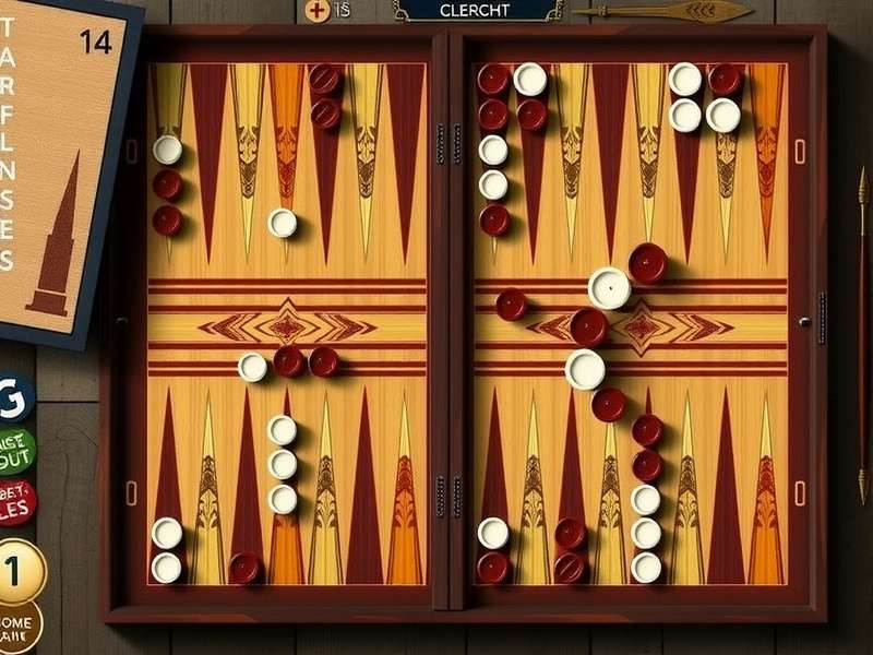 Professional backgammon setup with dice and checkers on wooden board