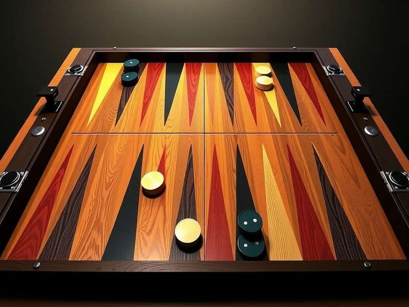 A vibrant digital backgammon board with animated pieces and dice, showcasing online play