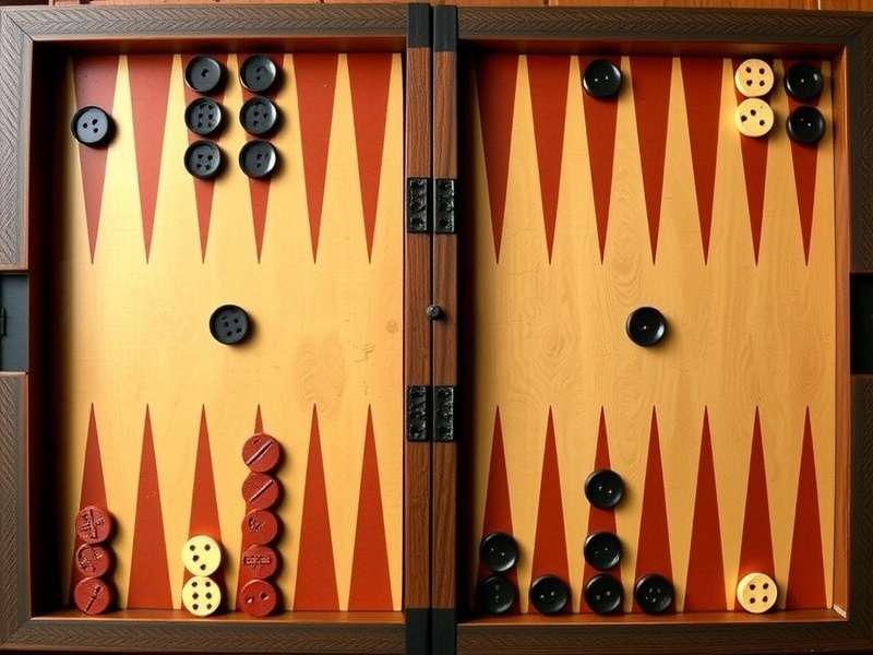 Backgammon board setup with checkers and dice