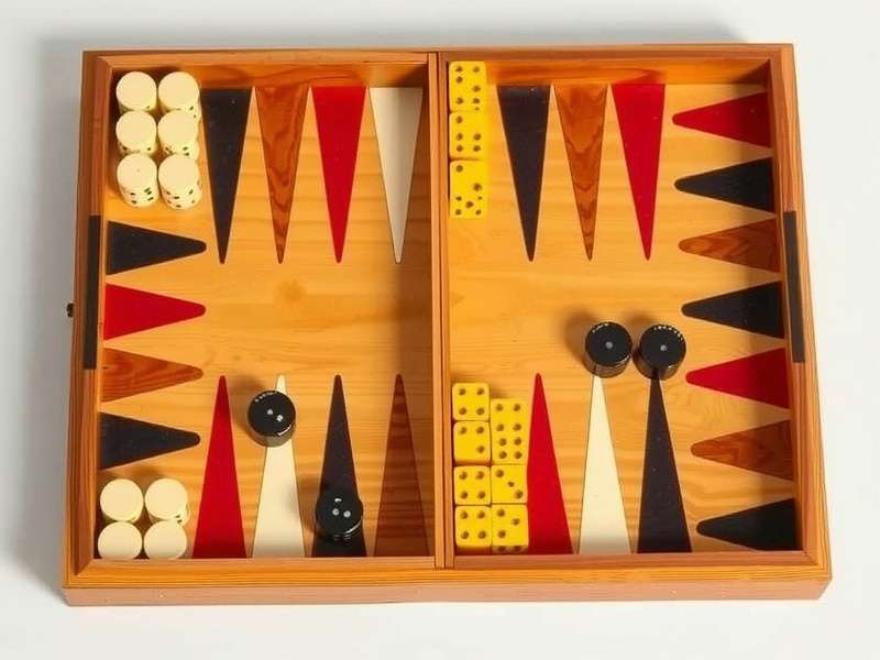 A collection of antique and modern backgammon pieces including checkers, dice, and a doubling cube on a wooden board
