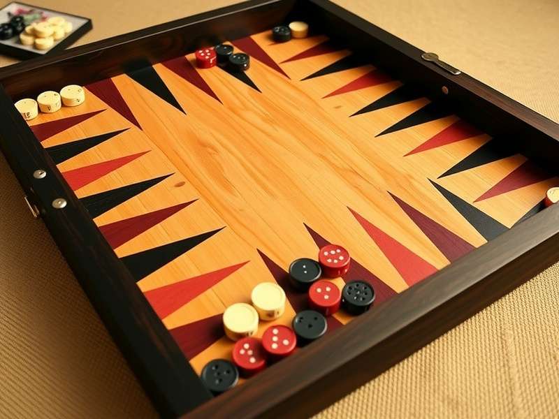 A beautiful handcrafted wooden backgammon set with leather cup and precision dice, open on a table