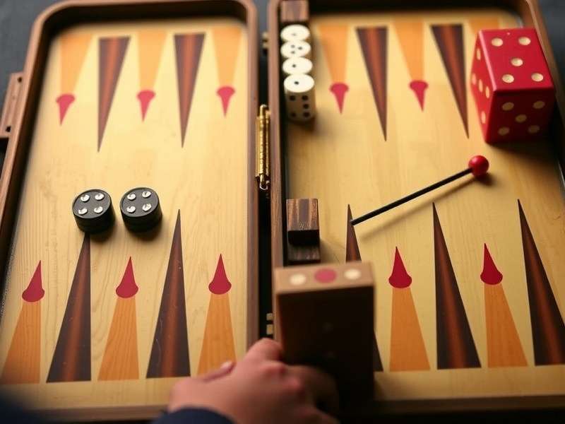 A close-up of a backgammon board with pieces and dice, showcasing a game in progress