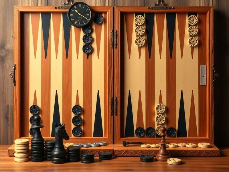 Backgammon board setup with dice and pieces