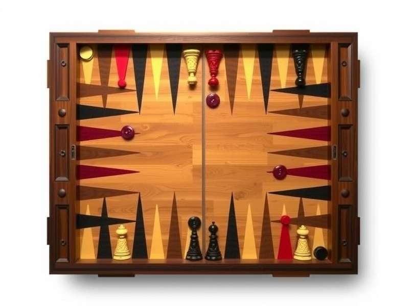 Backgammon board setup with checkers and dice