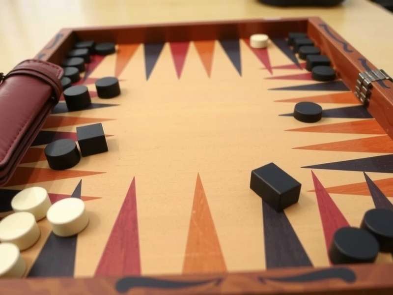 A beautiful wooden backgammon set open on a travel suitcase with mountains in the background
