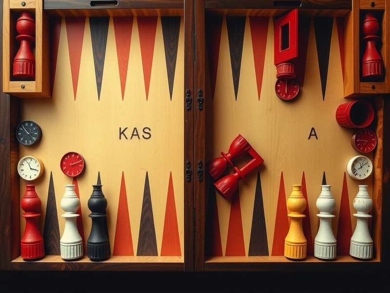 Backgammon board setup with checkers and dice
