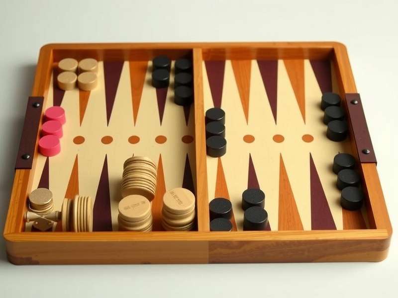 Backgammon board setup with checkers and dice