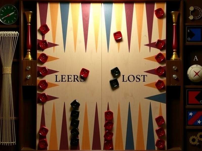 Professional Backgammon board setup with checkers and dice