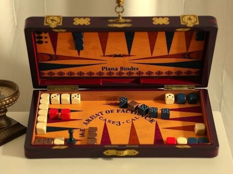 A beautifully restored 19th century wooden vintage backgammon set with intricate inlay work and brass hinges, placed on a velvet cloth.