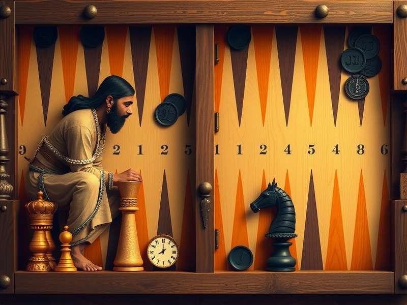 A close-up of a backgammon board with dice and pieces, symbolizing strategy and competition