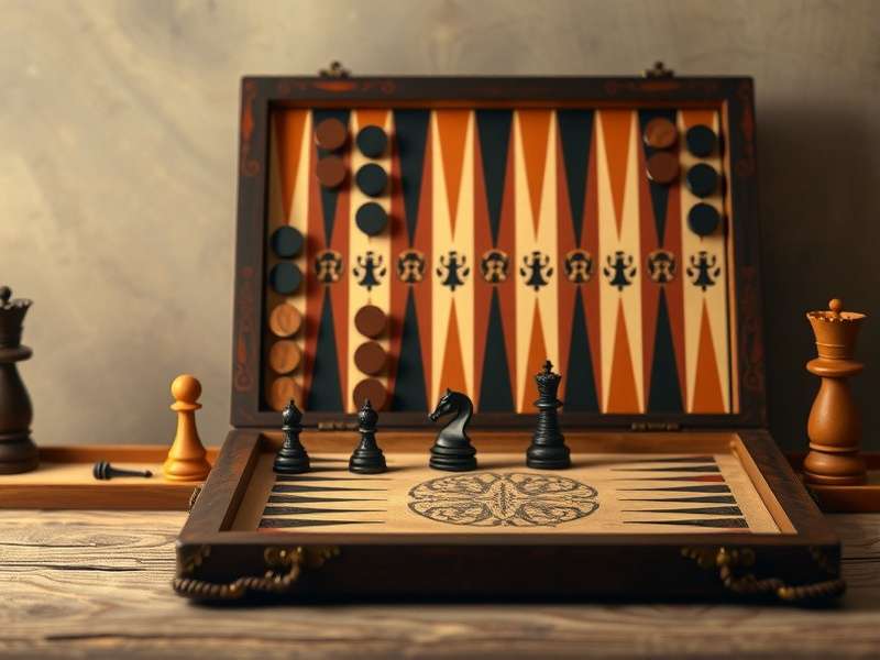 Close-up of Wycliffe Brothers Backgammon board showing intricate inlay work on points and frame