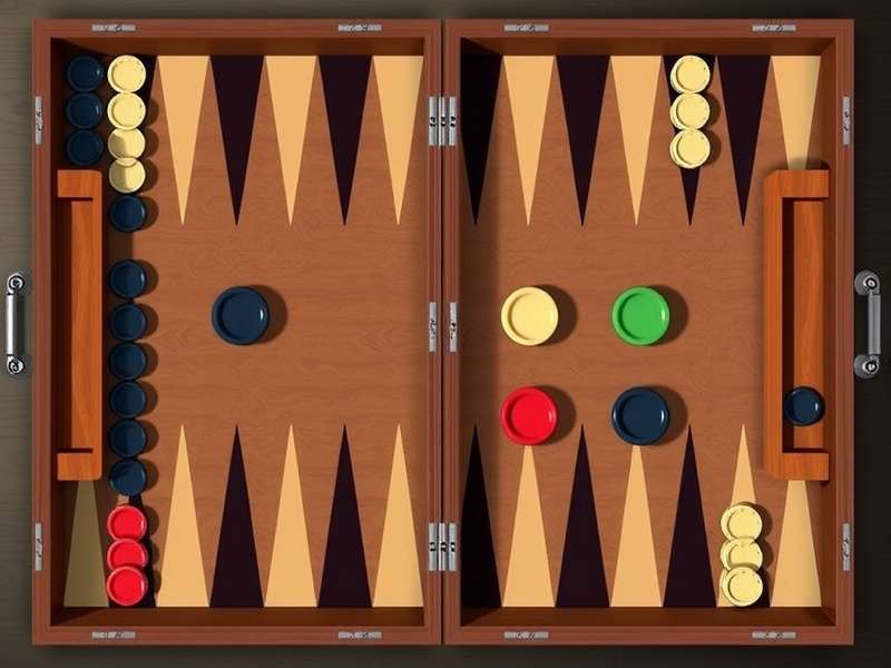 A beautiful wooden backgammon board set up for play, with dice and checkers