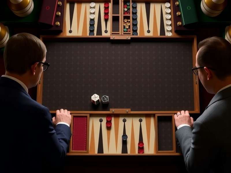 A group of people playing backgammon live on a wooden board in a cozy setting