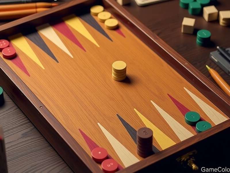 A close-up of a traditional backgammon board with pieces in mid-game