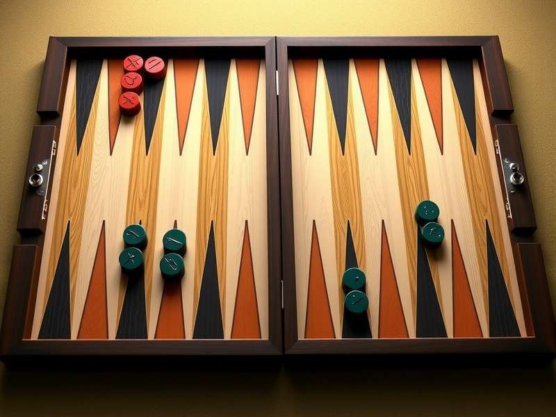 An ornate Backgammon board set up for play in an Indian setting with traditional carvings
