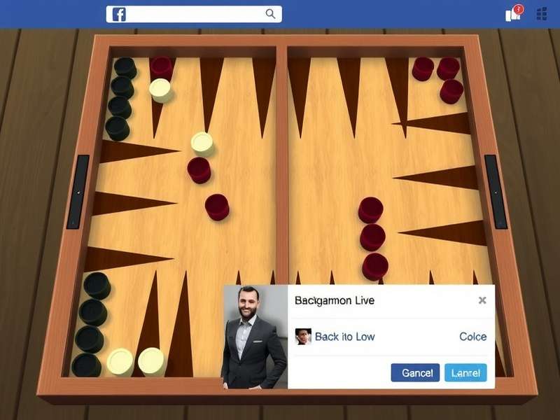 A vibrant digital interface of Facebook Backgammon Live showing a game in progress with dice and checkers