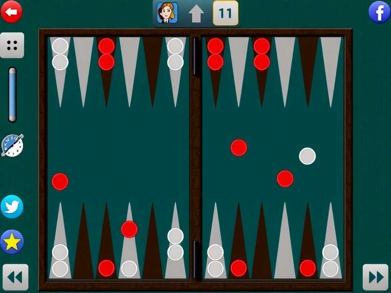 Close-up of a backgammon board with pieces in mid-game against a computer screen