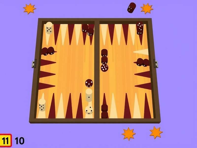 Backgammon board setup with pieces in mid-game, close-up on dice