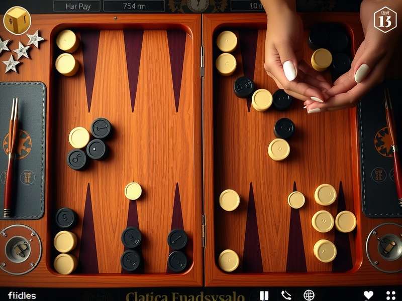 A close-up of a modern digital backgammon board game with pieces in motion