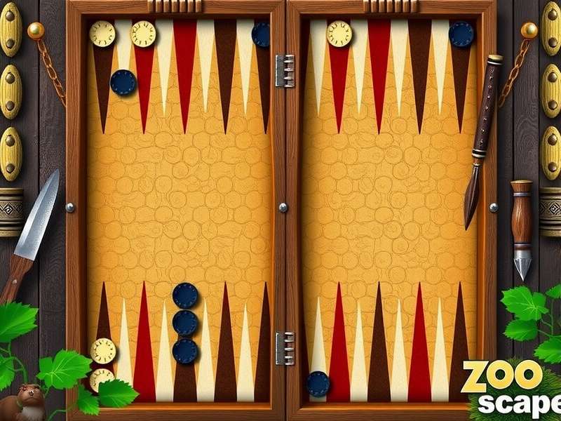 Strategic close-up of a backgammon board with dice, highlighting the tense gameplay of Zooescape Backgammon