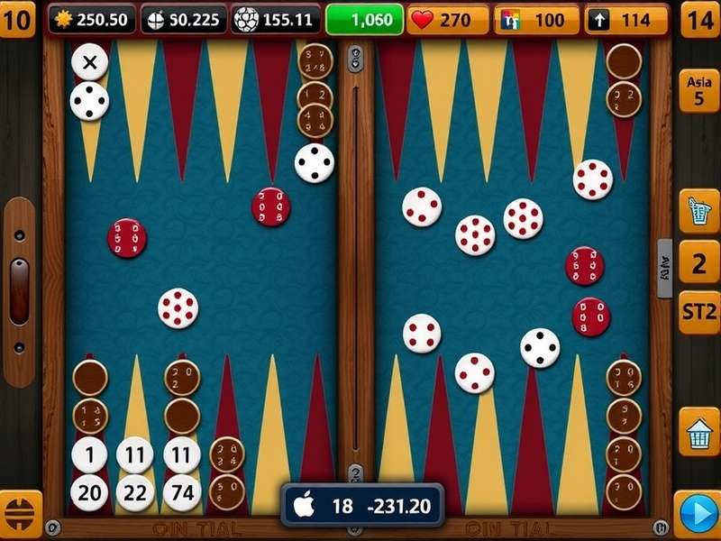 A beautiful wooden backgammon board set up for play, with dice and checkers