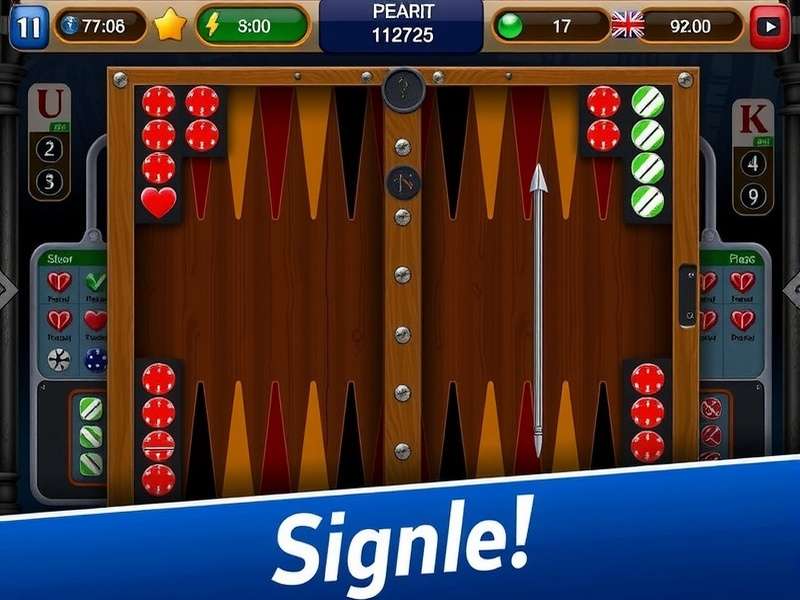 A close-up of a Backgammon board with dice and pieces