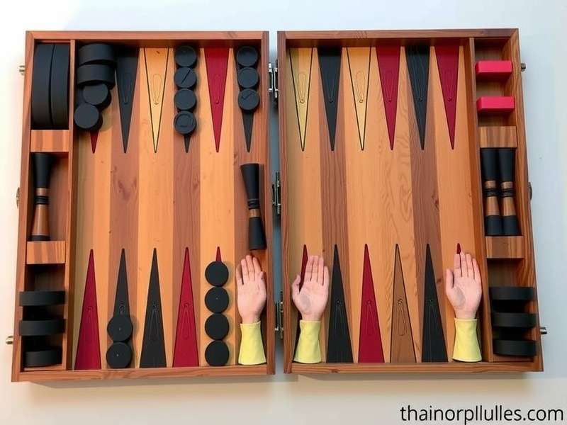 Beautifully arranged Backgammon board with checkers, dice, and doubling cube ready for play
