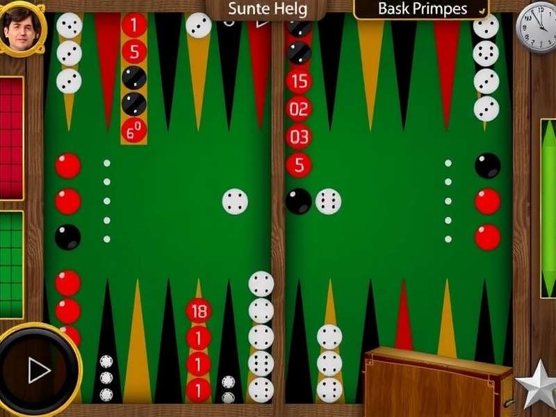 Backgammon board with dice and checkers arranged for a competitive match
