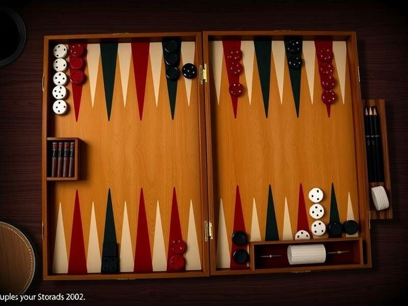 Backgammon board with checkers, dice, and doubling cube arranged for a game in an Indian setting
