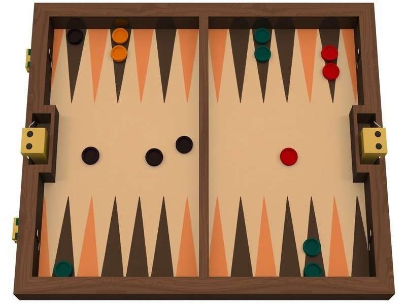 Backgammon board analysis with dice and checkers arranged for strategic play