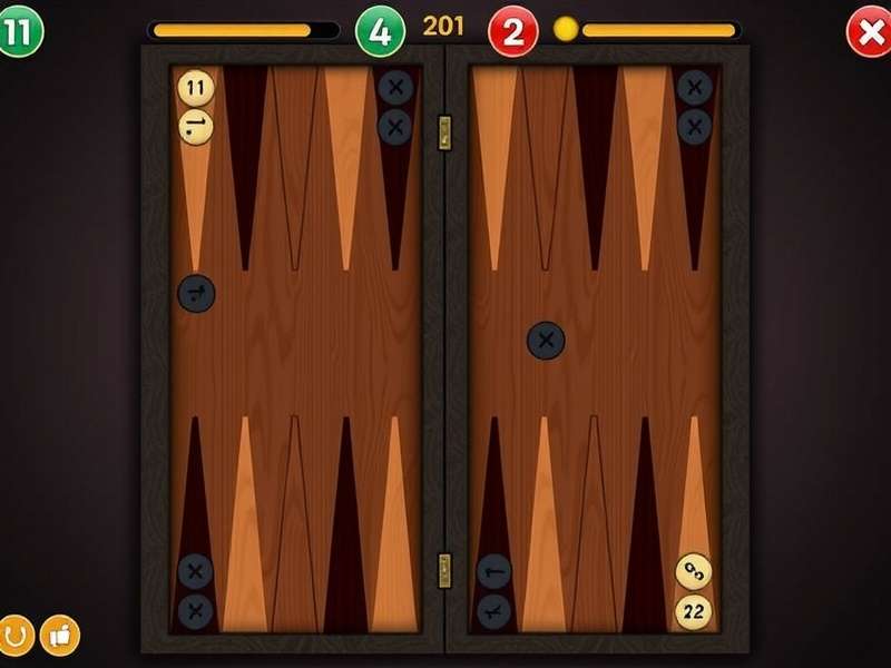 Backgammon game board set up with pieces, dice, and doubling cube – India style