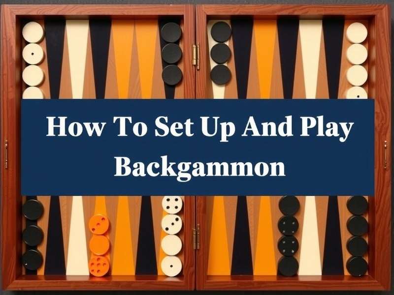 Backgammon board set up with all 24 points, checkers in starting position, dice, and doubling cube.