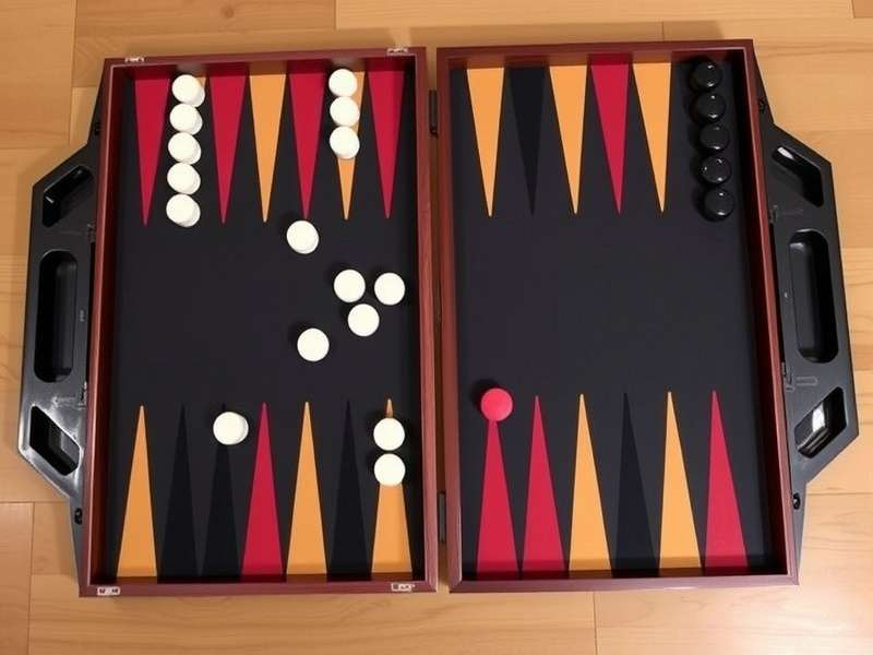Backgammon board setup with all 30 checkers placed in starting position, dice and doubling cube ready