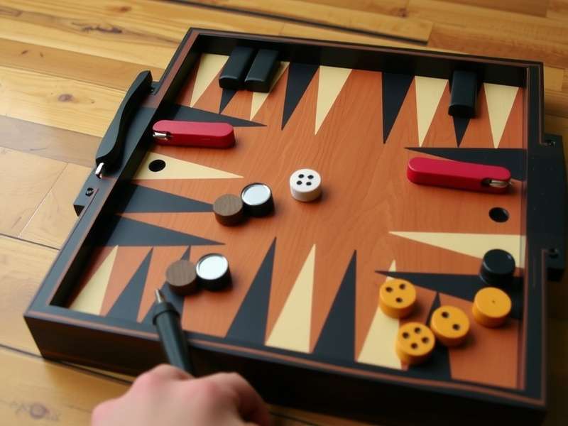 Backgammon board setup with traditional Indian wooden pieces