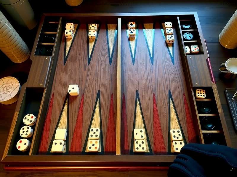 Traditional wooden Backgammon board set up with checkers, dice, and doubling cube — Indian tournament style